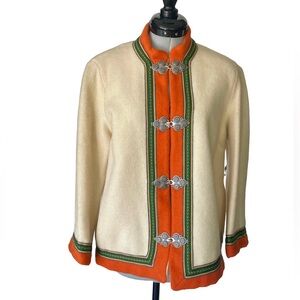 Norwegian vintage wool jacket, ornate silver toggle close, cream/orange, 36 (4)